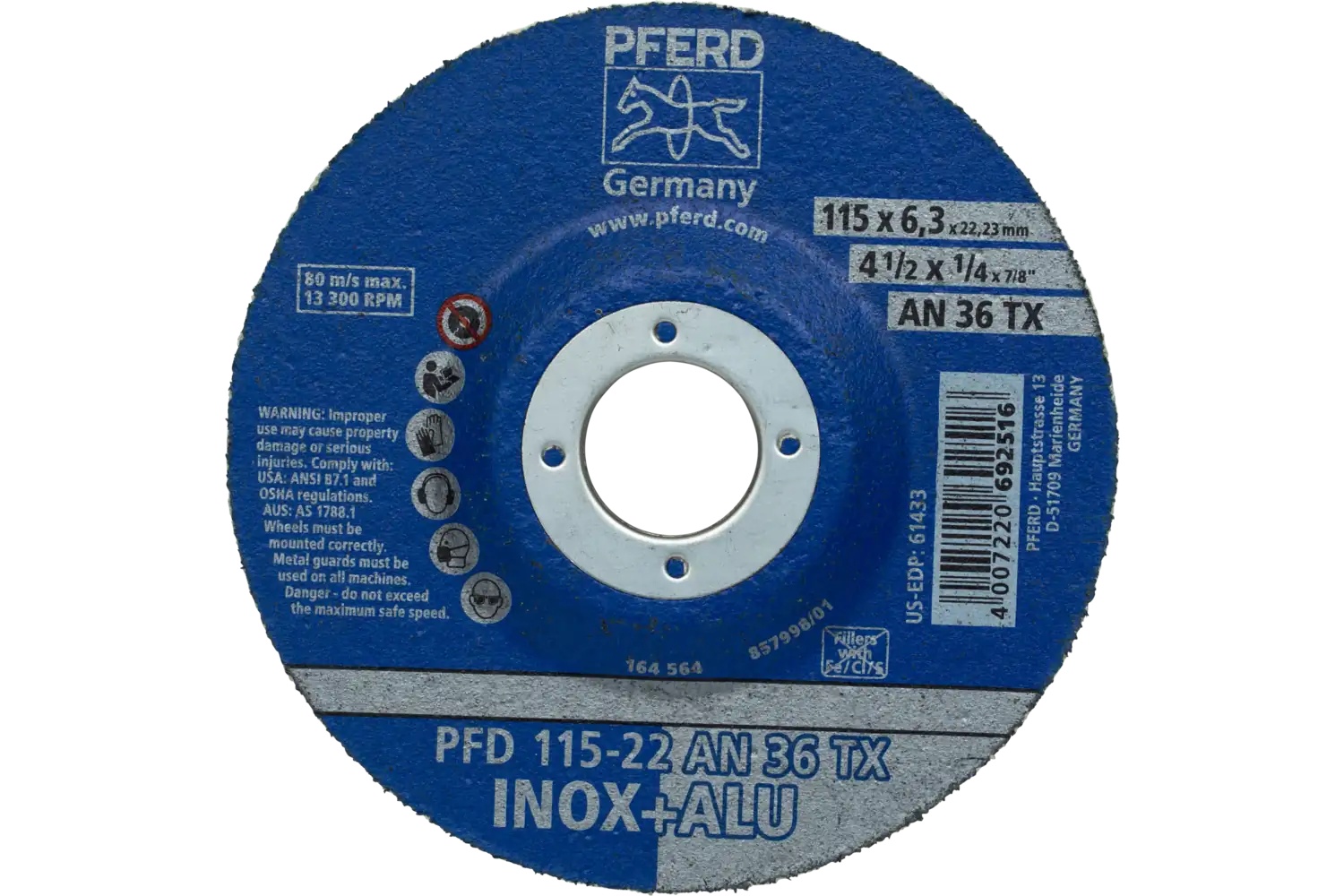 Picture of Pferd Textile Wheel For Angle Grinders, 4-1/2" X 1/4 X 7/8, 36 Grit, T27, Aluminum Oxide